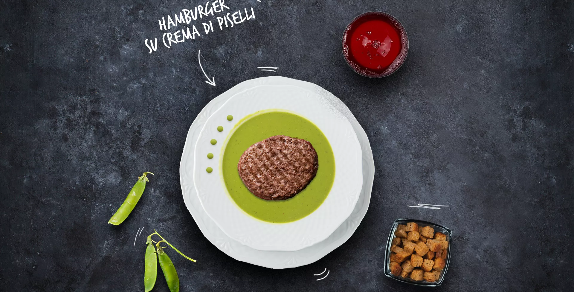 Hamburger su crema di piselli