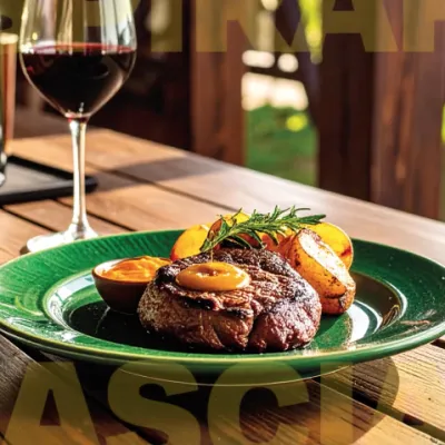 Costata con salsa di peperoni arrostiti e patate novelle al rosmarino