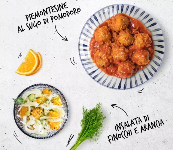 Polpette al sugo con insalata di finocchi e arancia