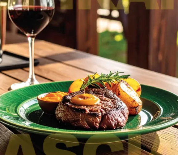 Costata con salsa di peperoni arrostiti e patate novelle al rosmarino