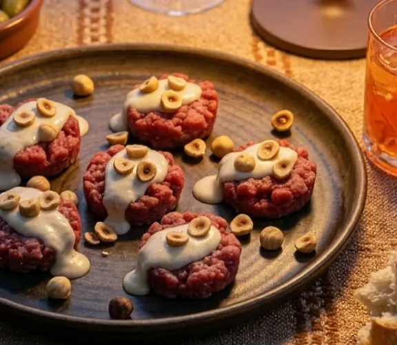 SFIZI DI BATTUTA CON CREMA DI TOPINAMBUR E NOCCIOLE TOSTATE