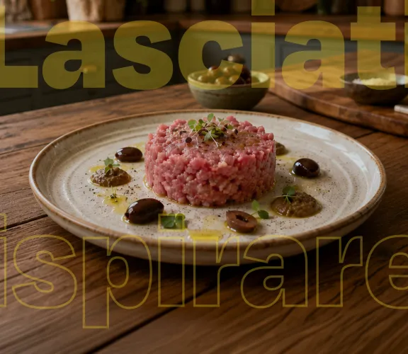 Tartare di Vitello con crema di Olive Taggiasche e senape dolce