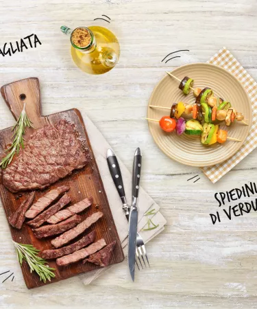 Tagliata con spiedini di verdure 