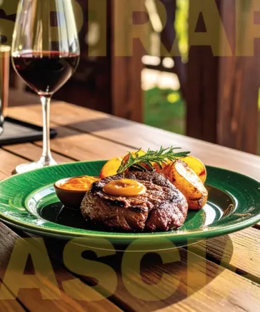 Costata con salsa di peperoni arrostiti e patate novelle al rosmarino